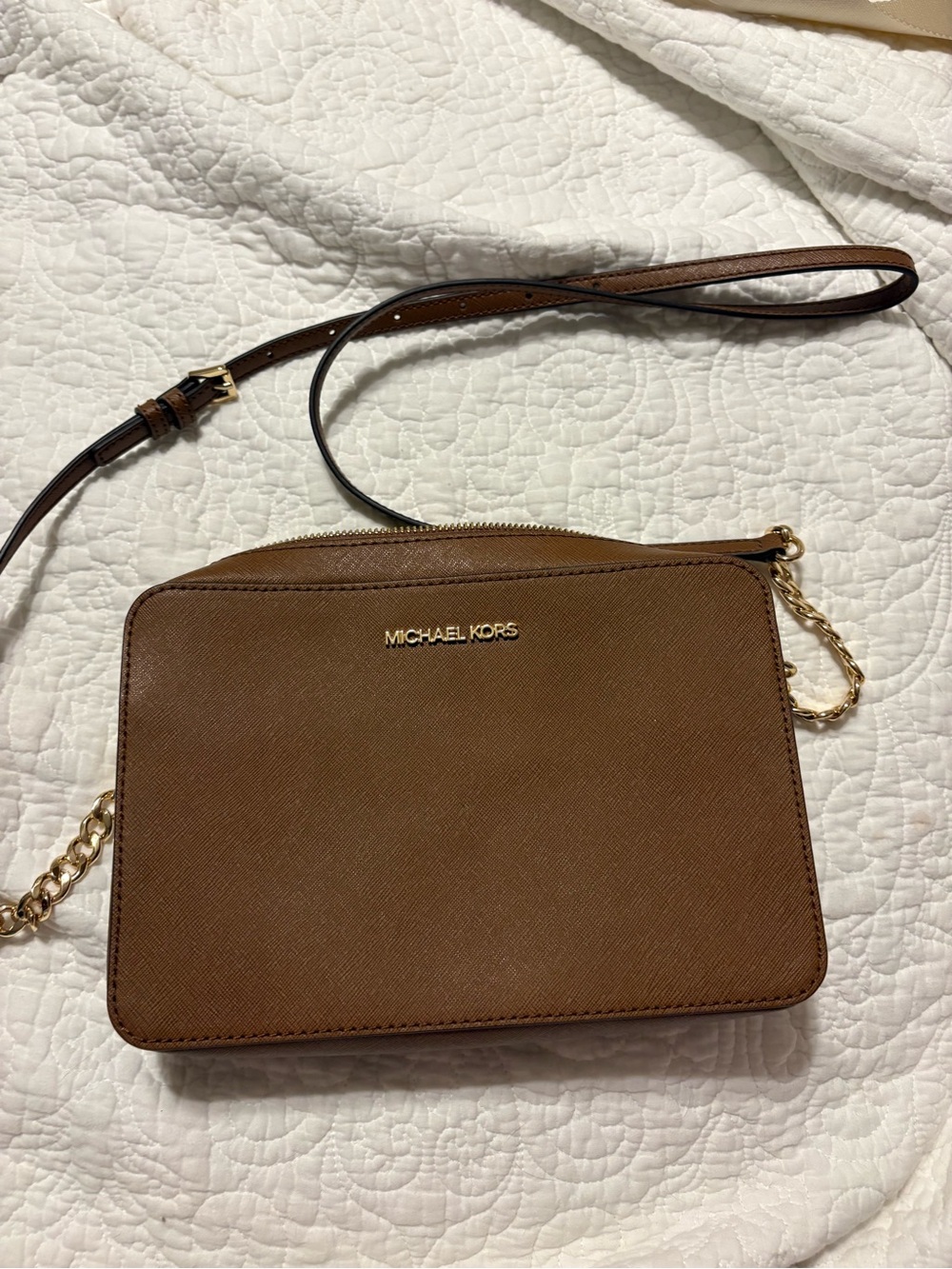 Michael Kors Brown Saffiano Leather Crossbody Camera Bag with Gold Hardware